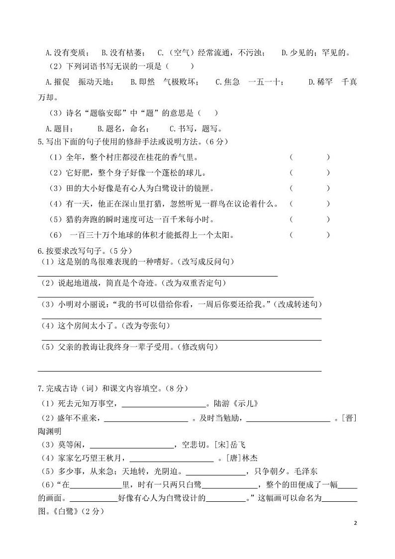 部编版语文五年级上册期中预测卷（1）02