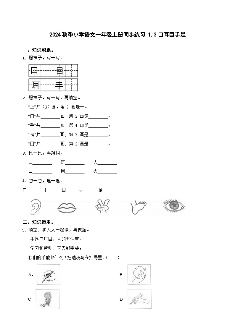 2024秋季小学语文一年级上册同步练习 1.3口耳目手足（含答案）01