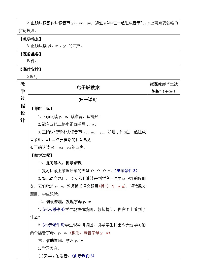 人教部编版(五四制)语文一年级上册 第2单元  汉语拼音9 y w PPT课件+教案(反思及说课稿 课时练）02