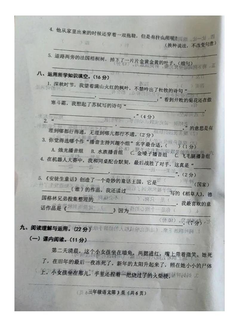 河北省邯郸市武安市2023-2024学年三年级上学期期中语文试题第3页