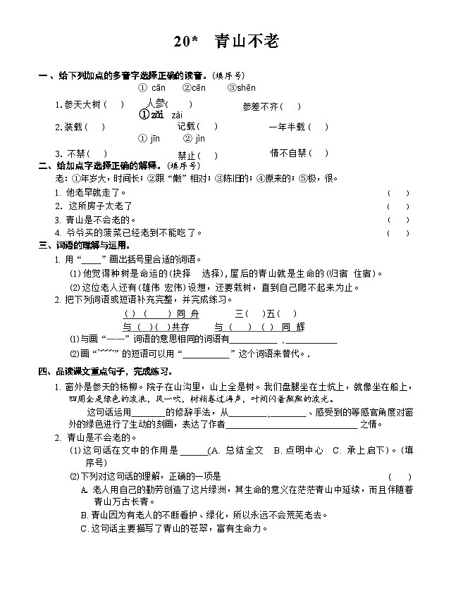 20 青山不老（同步练习）2024-2025学年统编版语文六年级上册01