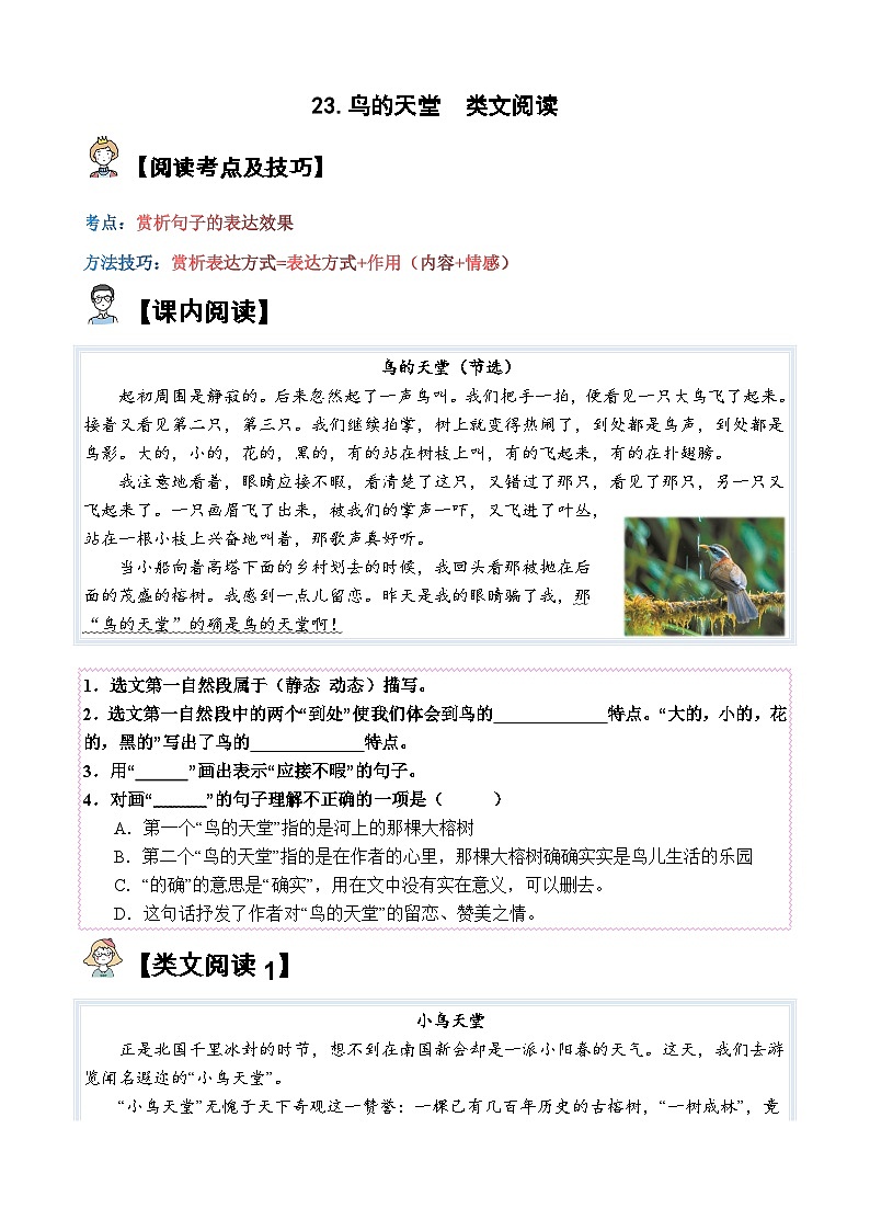 23.鸟的天堂【类文阅读试题】五年级语文上册  部编版（含答案、解析）第1页
