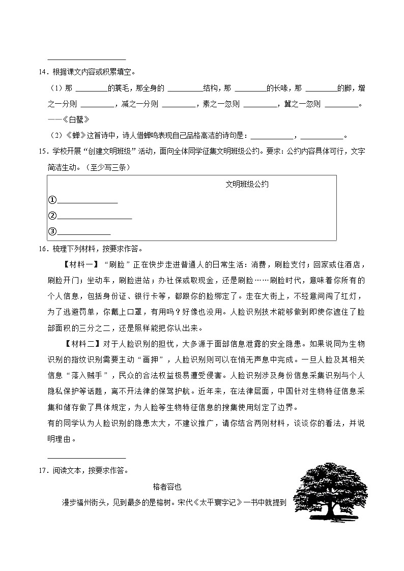 福建省泉州市南安市多校2024-2025学年五年级上学期第一次月考语文试卷03