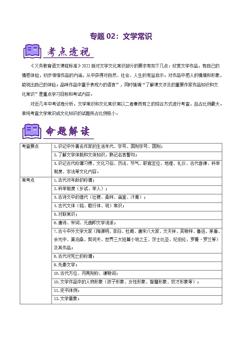 专题02 文学常识复习（知识清单）-2024-2025学年六年级语文上学期期中考点大串讲（统编版2024·五四学制）01