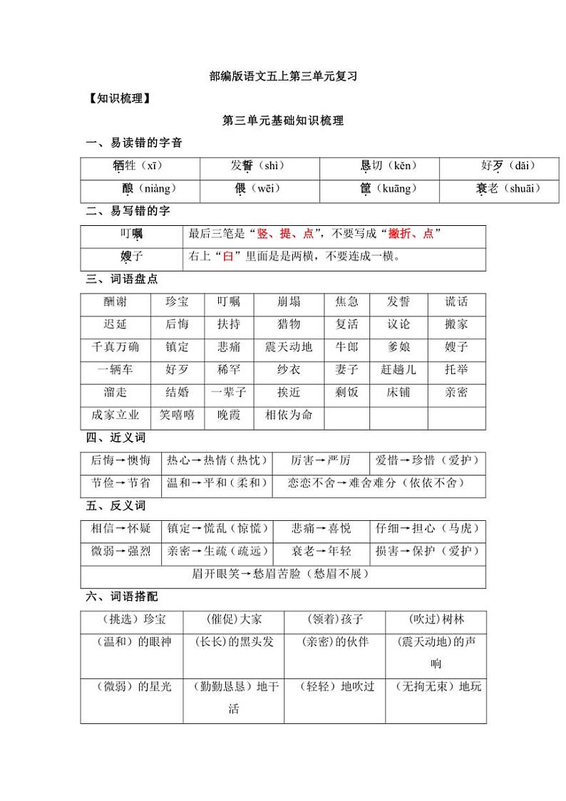 统编版五年级语文上册第三单元知识点梳理 素材01