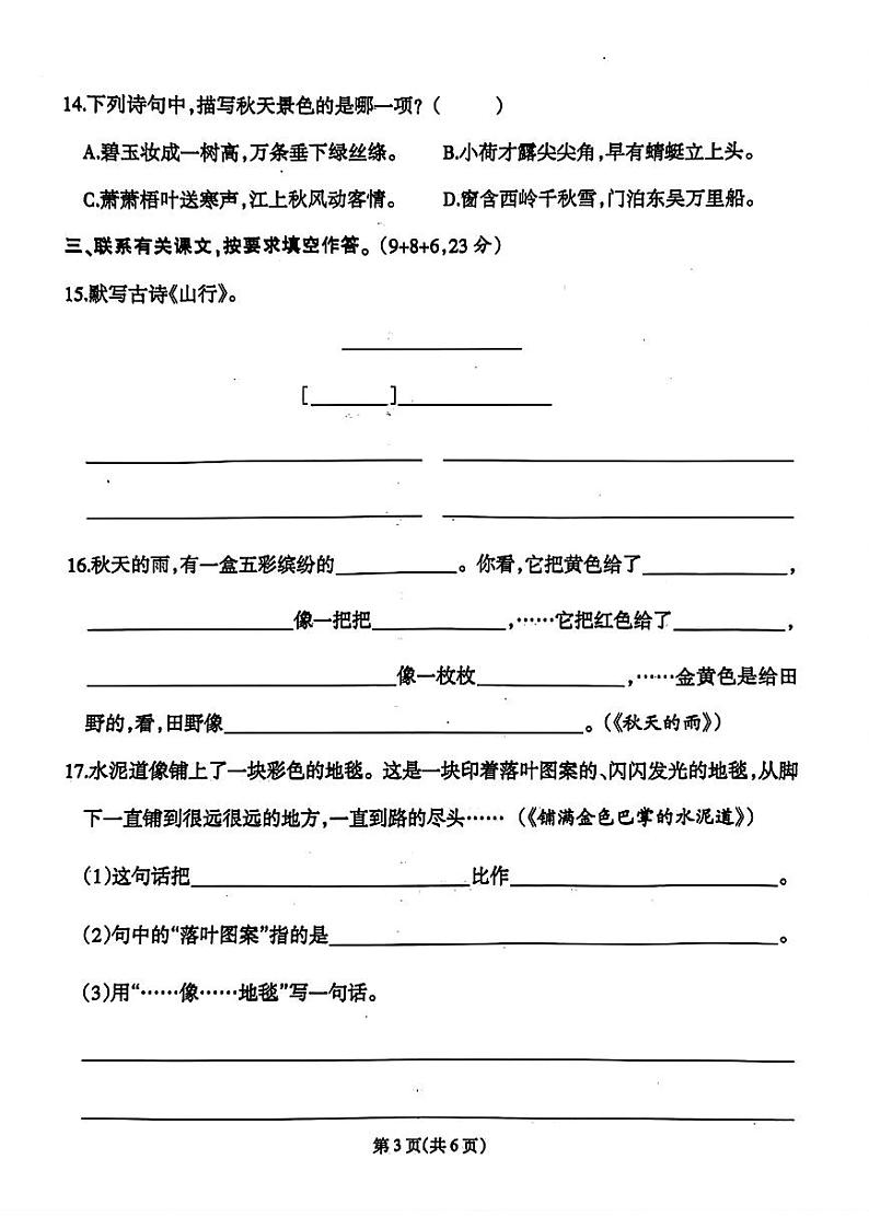 福建省泉州市安溪县多校2024-2025学年三年级上学期第一次月考语文试卷03