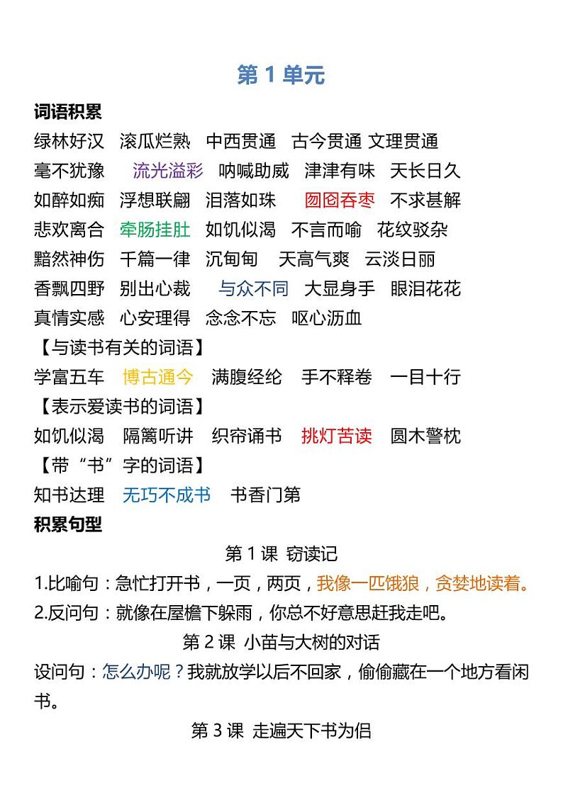5年级人教版语文上册词语归类积累 课文佳句知识点汇总第1页