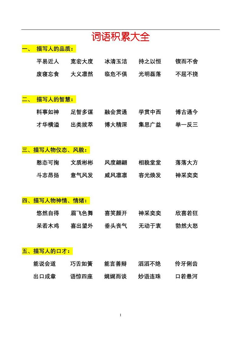 小升初人教版语文必背知识点词语积累大全第1页