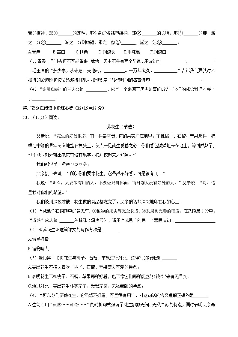 山东省聊城市东昌府区百草园小学2024-2025学年五年级上学期第一次月考语文试卷03