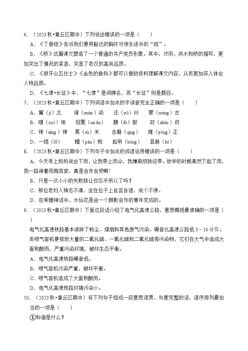 山东省济南市六年级语文上学期期中考试真题重组卷第2页