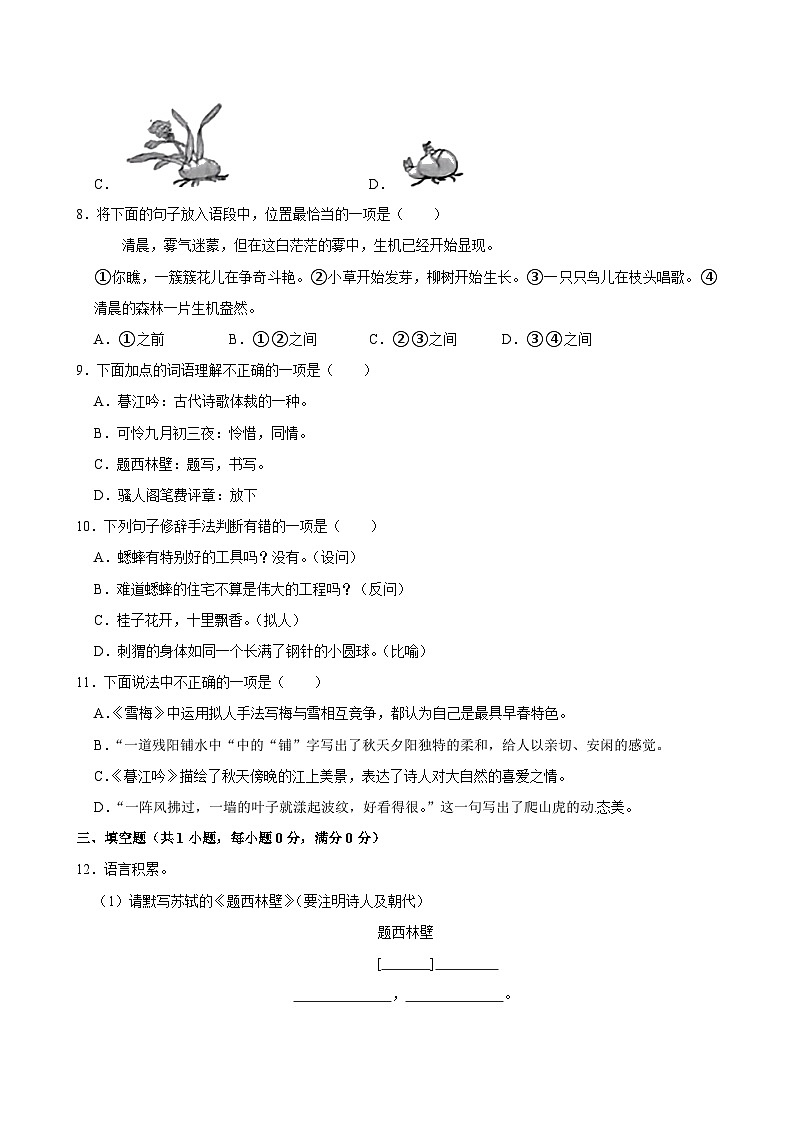 福建省福州市仓山区2024-2025学年四年级上学期第三次月考语文试卷02