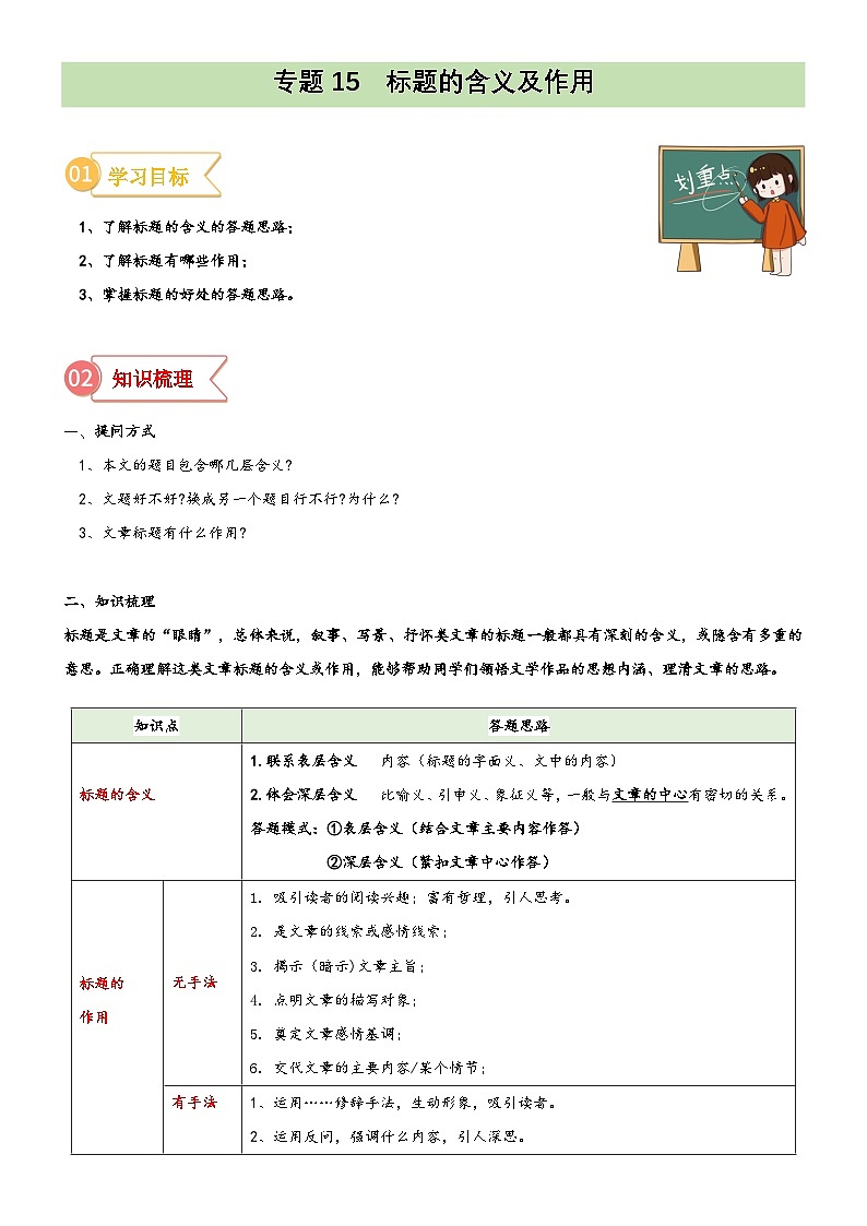统编版小升初语文无忧衔接专题15拓展讲义：标题的含义及作用(原卷版+解析)第1页
