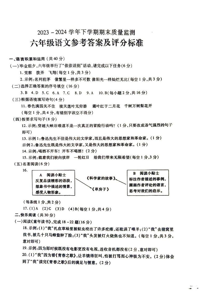 六年级语文答案第1页