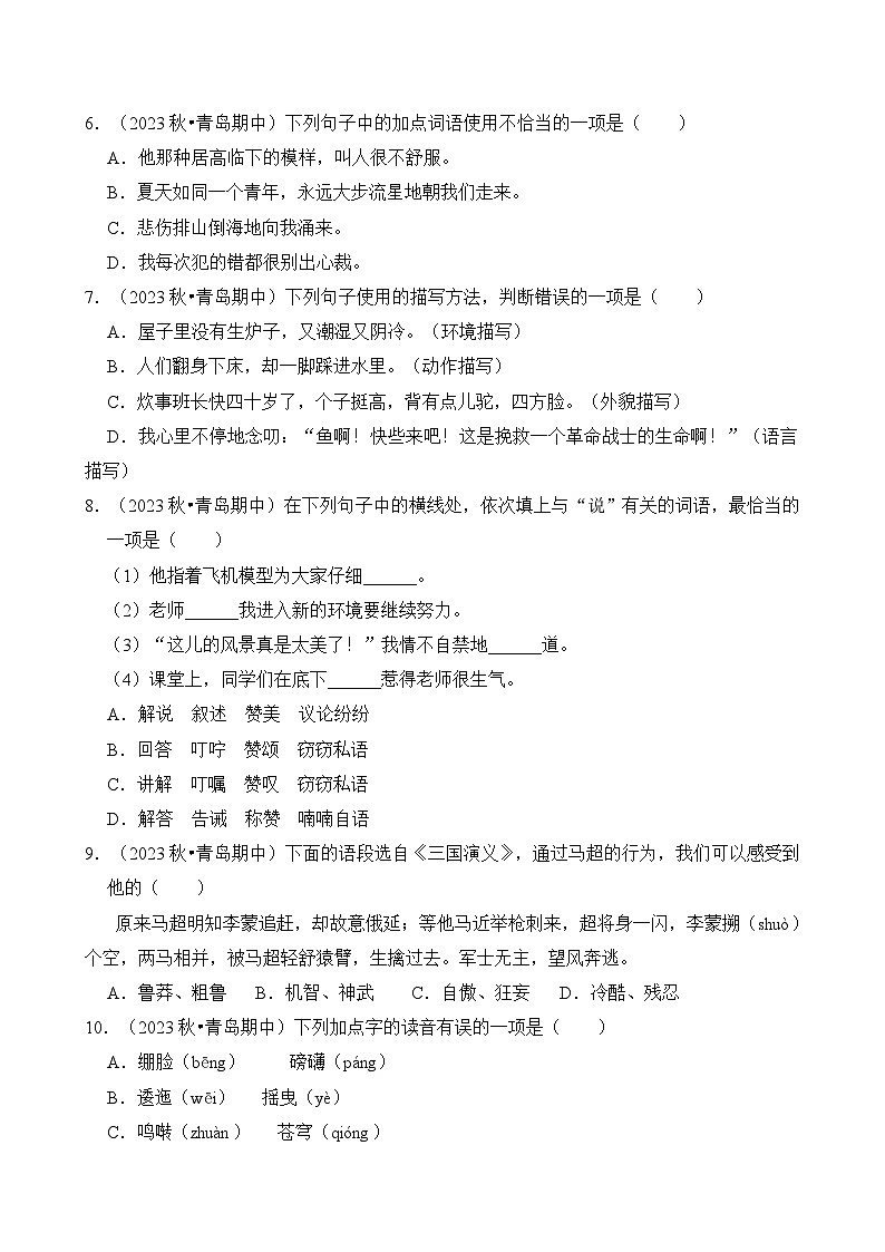 山东省青岛市六年级语文上学期期中考试真题重组卷（统编版）第2页