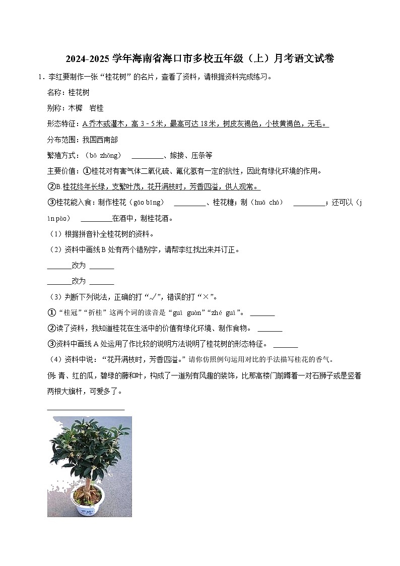 海南省海口市多校2024-2025学年五年级上学期月考语文试卷第1页