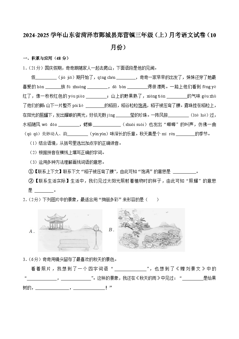 山东省菏泽市鄄城县郑营镇2024-2025学年三年级上学期月考语文试卷（10月份）第1页