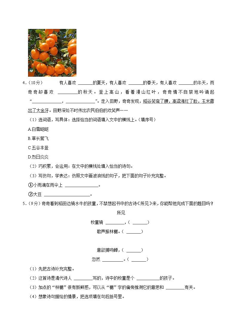 山东省菏泽市鄄城县郑营镇2024-2025学年三年级上学期月考语文试卷（10月份）第2页