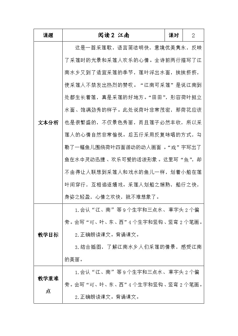 语文统编版（2024）一年级上册阅读2江南 教案第1页