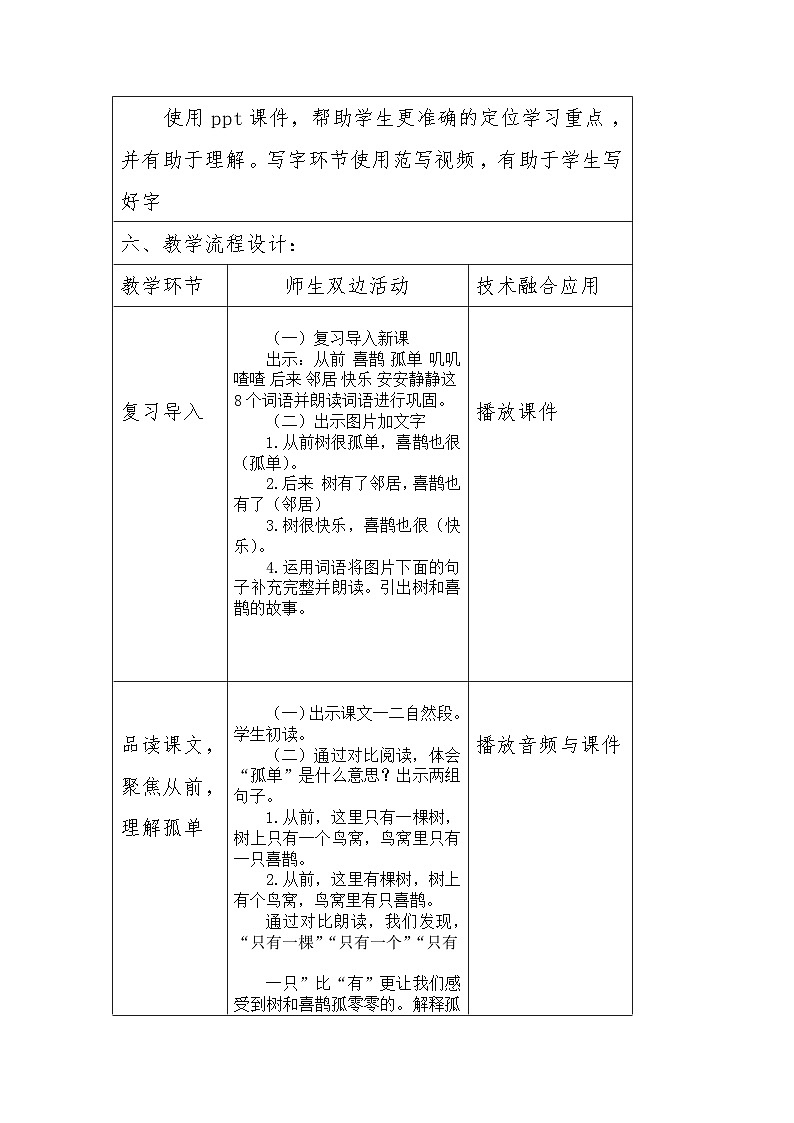 统编版小学一年级语文下册 5树和喜鹊 教学设计(表格式)第2页