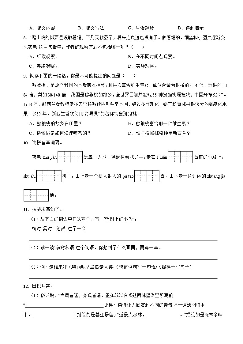 广东省茂名市信宜市2023-2024学年四年级上学期语文期中试卷02