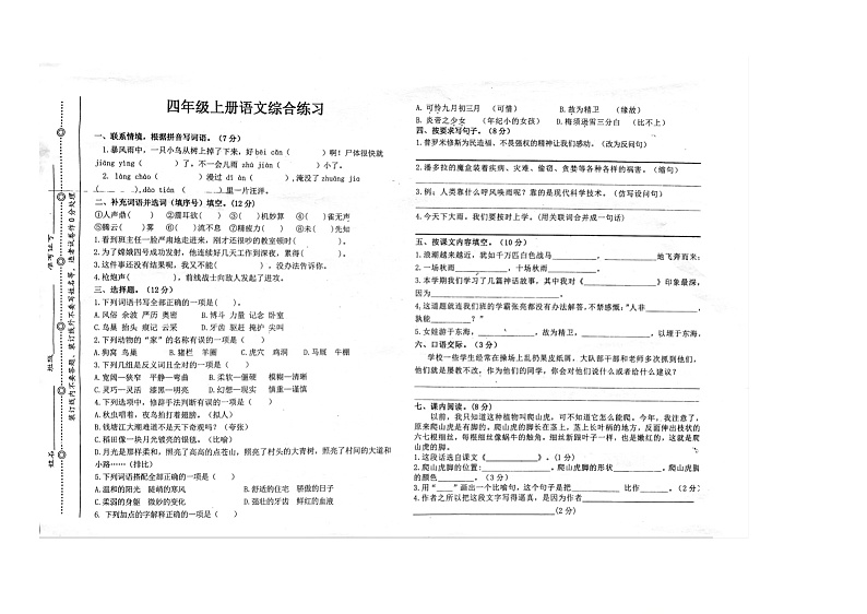 湖南省郴州市汝城县2024-2025学年四年级上学期10月期中语文试题01
