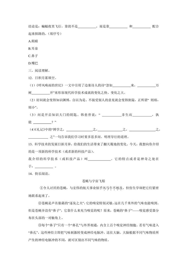 广东省汕头市金平区多校2024～2025学年四年级上学期第二次素养评价月考语文试题（含答案）第3页
