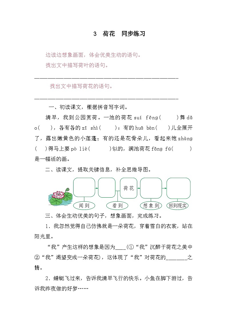 部编版语文三年级下册 3.《荷花》  同步练习（含答案）第1页