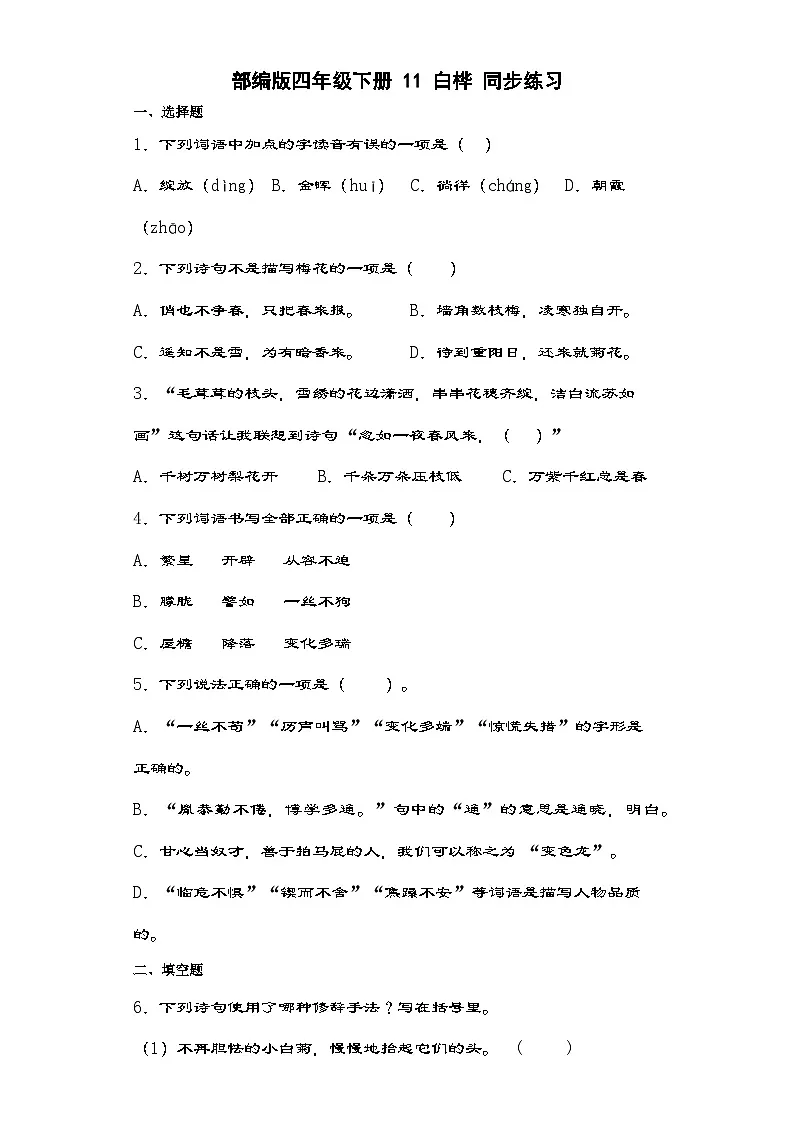 部编版语文四年级下册 11白桦同步练习（含解析）第1页
