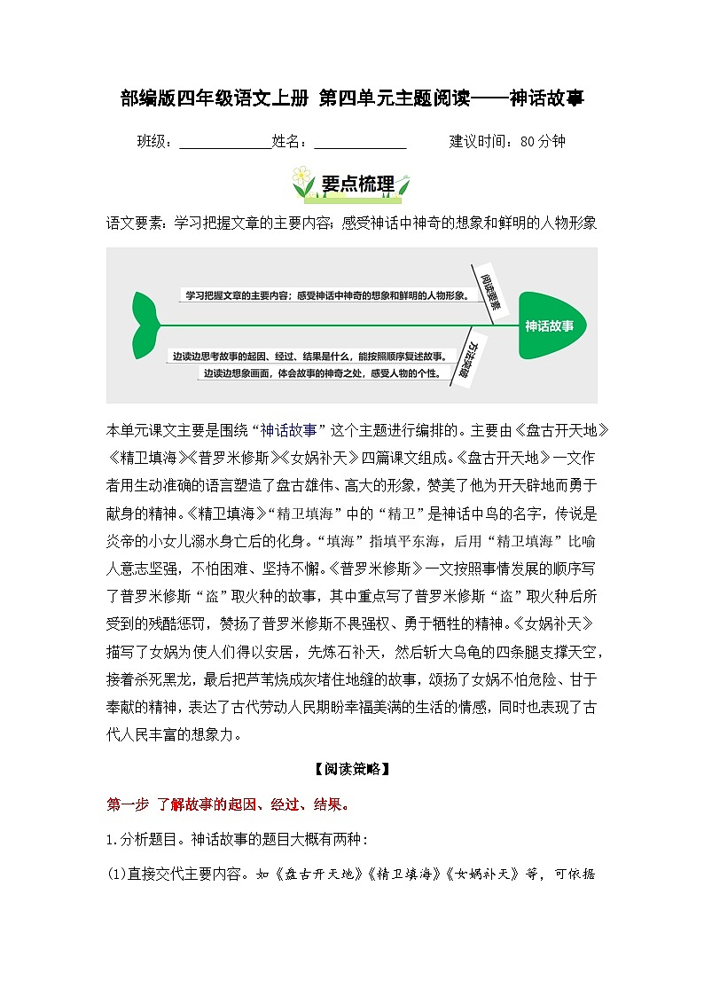 第四单元“神话故事”主题阅读（要点梳理+例文训练）-2024-2025学年四年级上册 统编版第1页
