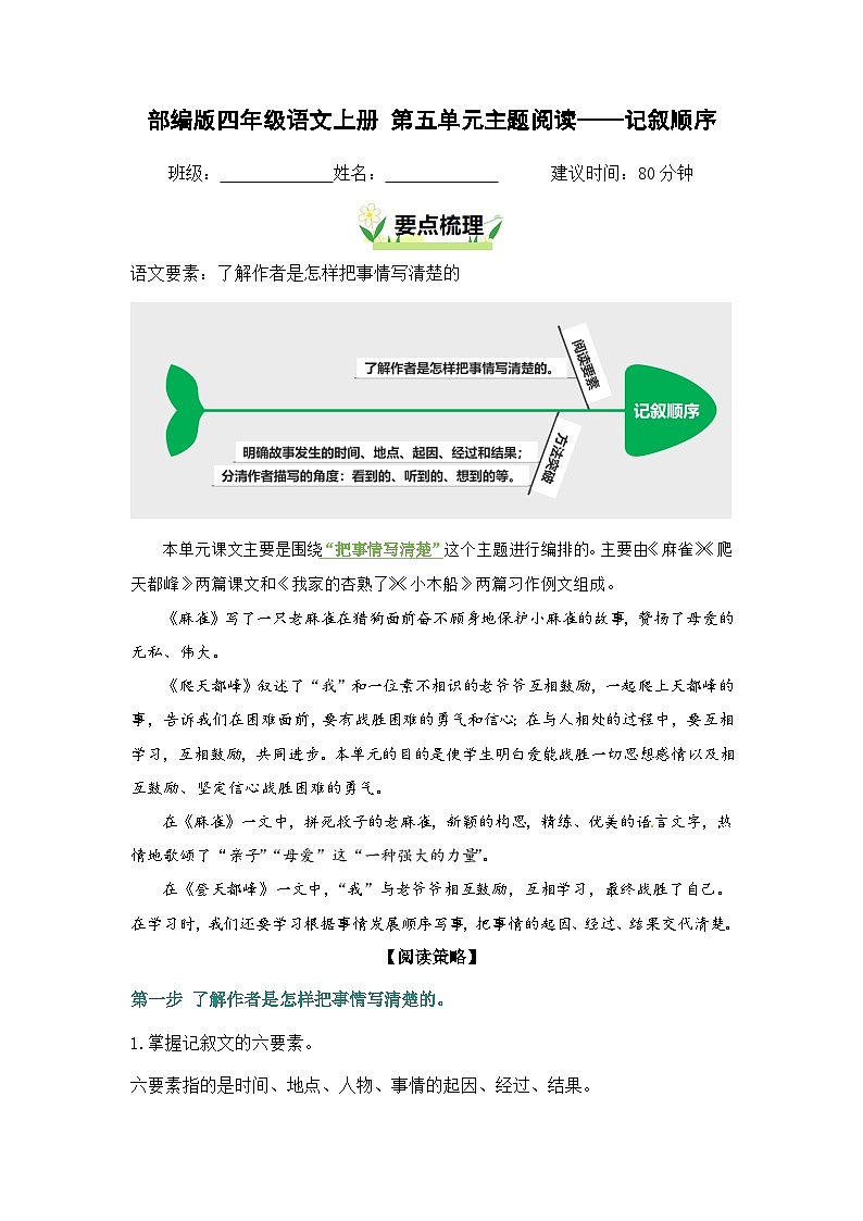 第五单元“记叙顺序”主题阅读（要点梳理+例文训练）-2024-2025学年四年级上册 统编版01