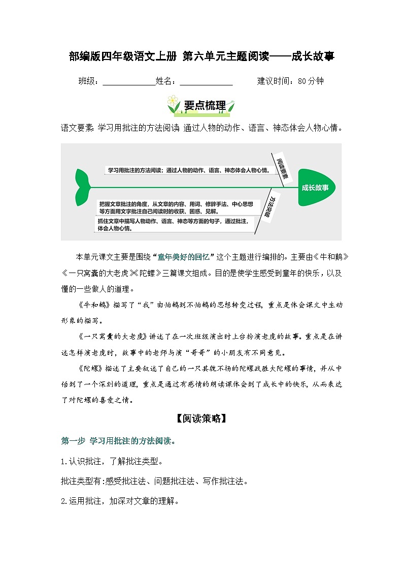 第六单元“成长故事”主题阅读（要点梳理+例文训练）-2024-2025学年四年级上册 统编版第1页