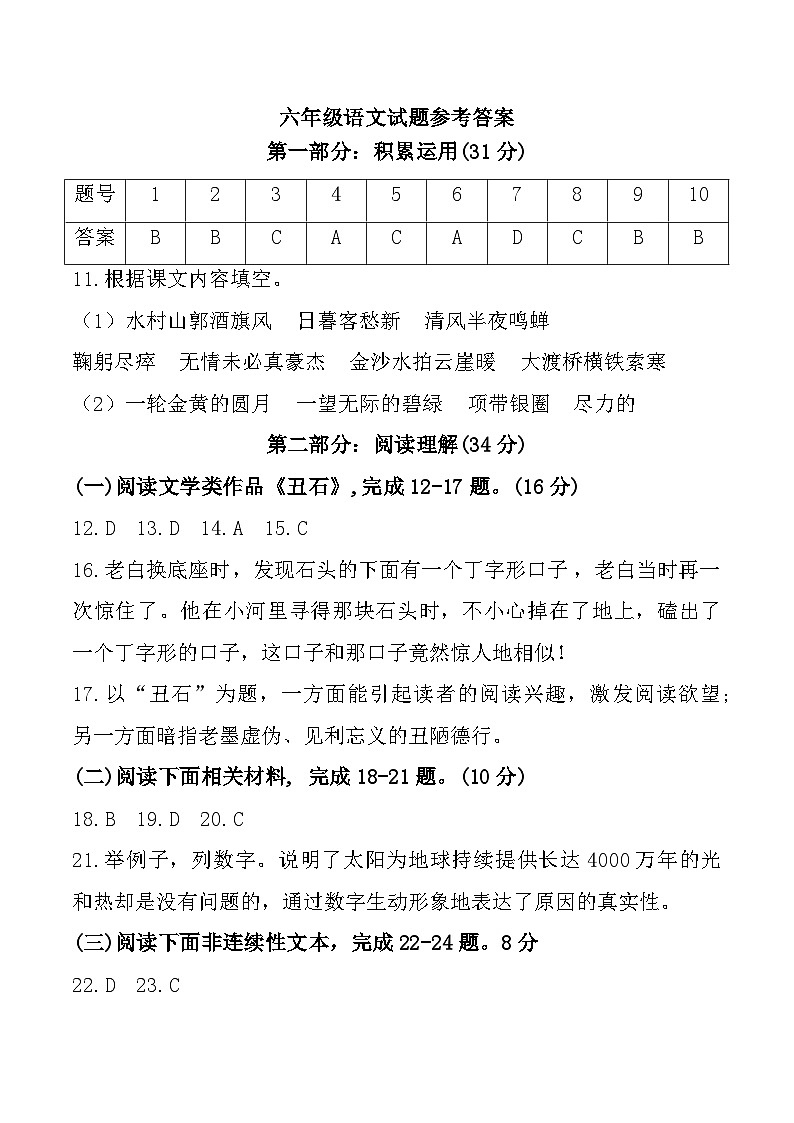 福建省宁德市福鼎市2023-2024学年六年级上学期期末语文试题参考答案第1页