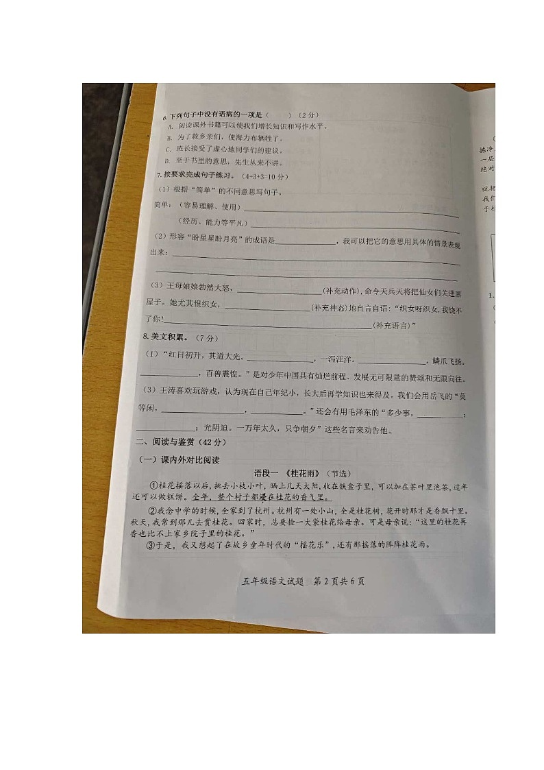 山东省枣庄市山亭区北庄镇铁山小学2024-2025学年五年级上学期期中语文试卷第2页