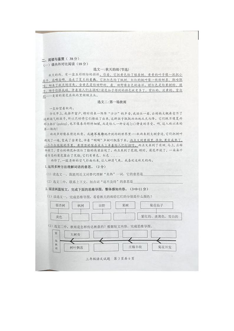 山东省枣庄市山亭区2024～2025学年三年级上学期11月期中语文试题（图片版，含答案）第3页