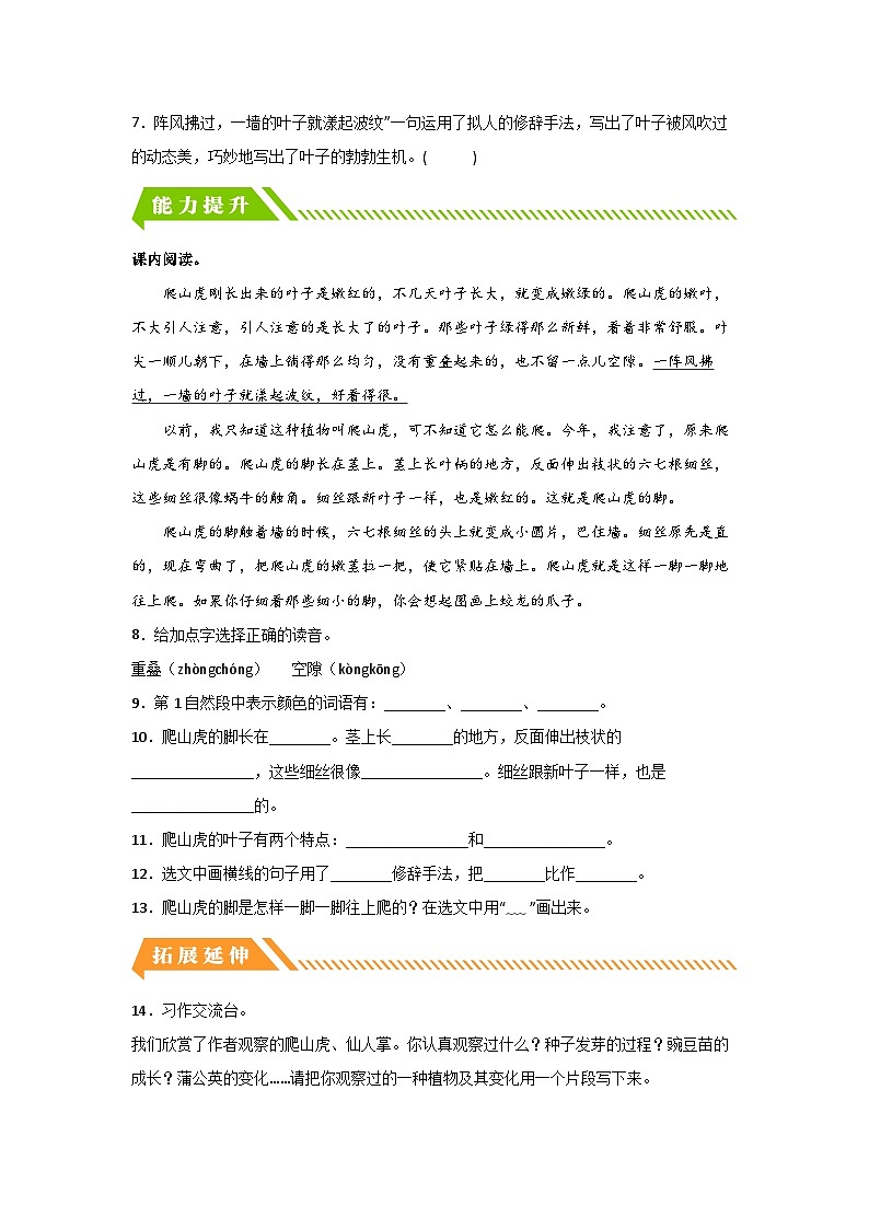 部编版小学四年级语文上册【分层作业】10 爬山虎的脚（课时练）（附答案）第2页