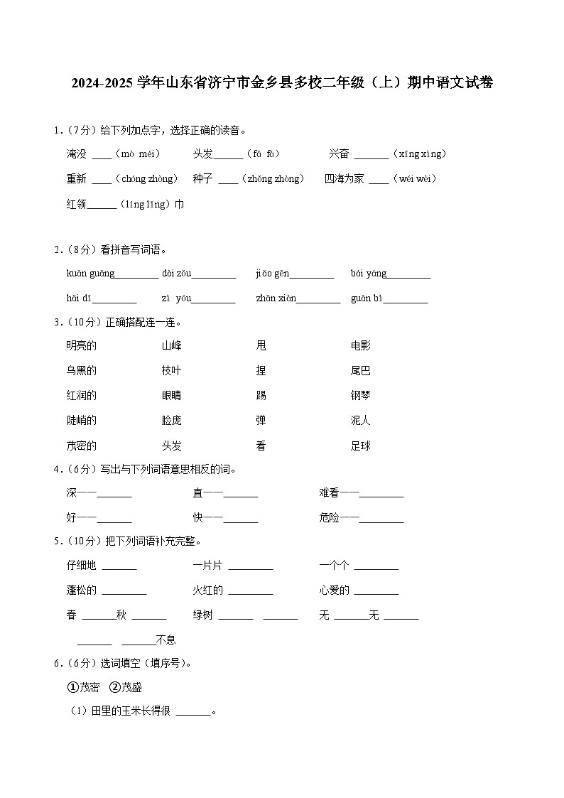 山东省济宁市金乡县多校2024-2025学年二年级上学期期中语文试卷第1页