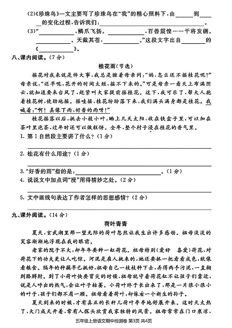 部编版五年级上册语文期中质量检测卷第3页