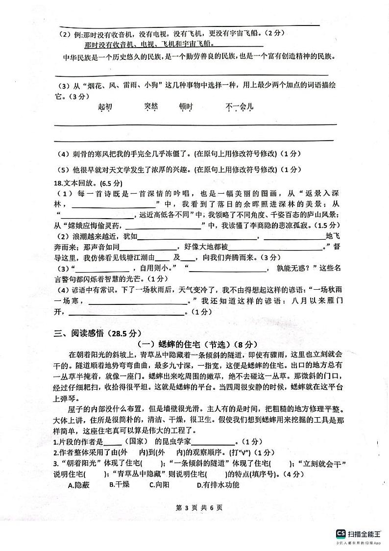 江苏省扬州市高邮市菱塘回族乡中心小学2024-2025学年四年级上学期11月期中语文试题第3页