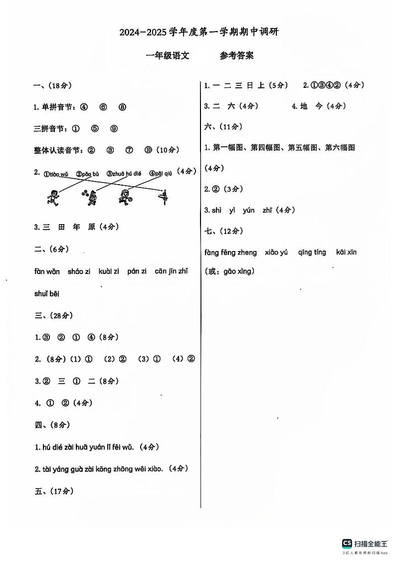 河南省周口市沈丘县沙北部分乡镇小学期中联考2024-2025学年一年级上学期语文答案第1页
