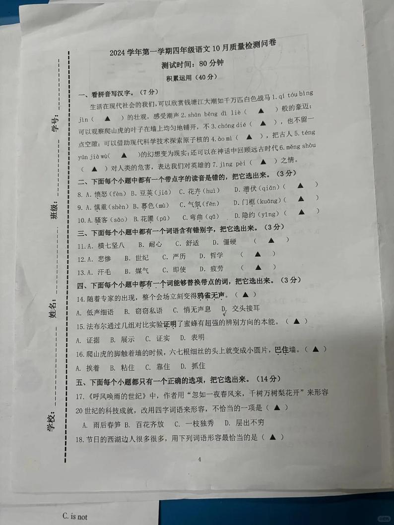 浙江省杭州市天元公学教育科技集团2024-2025学年四年级上学期期中语文试卷第1页