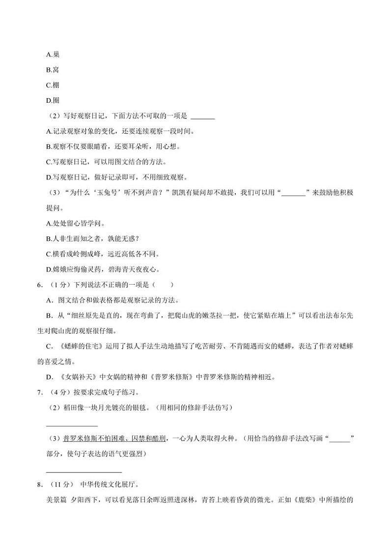 河南省洛阳市偃师市2024～2025学年四年级（上）期中语文试卷（有答案）第2页