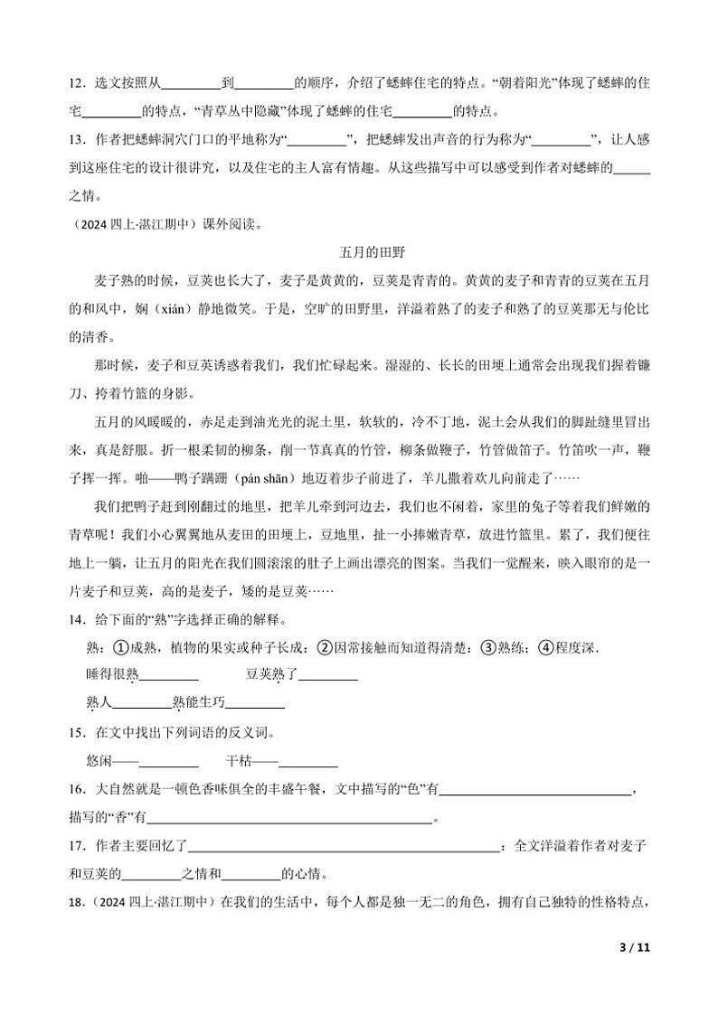 【精品解析】广东省湛江市第八小学2024～2025学年四年级(上)语文期中跟踪练习试卷第3页