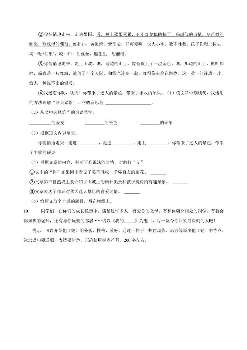上海市徐汇区多校2024～2025学年三年级上册期中语文试卷(含答案)第3页