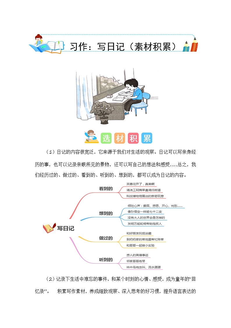 统编版小学语文三年级上册单元作文提升练习第二单元习作：写日记（素材积累）第1页