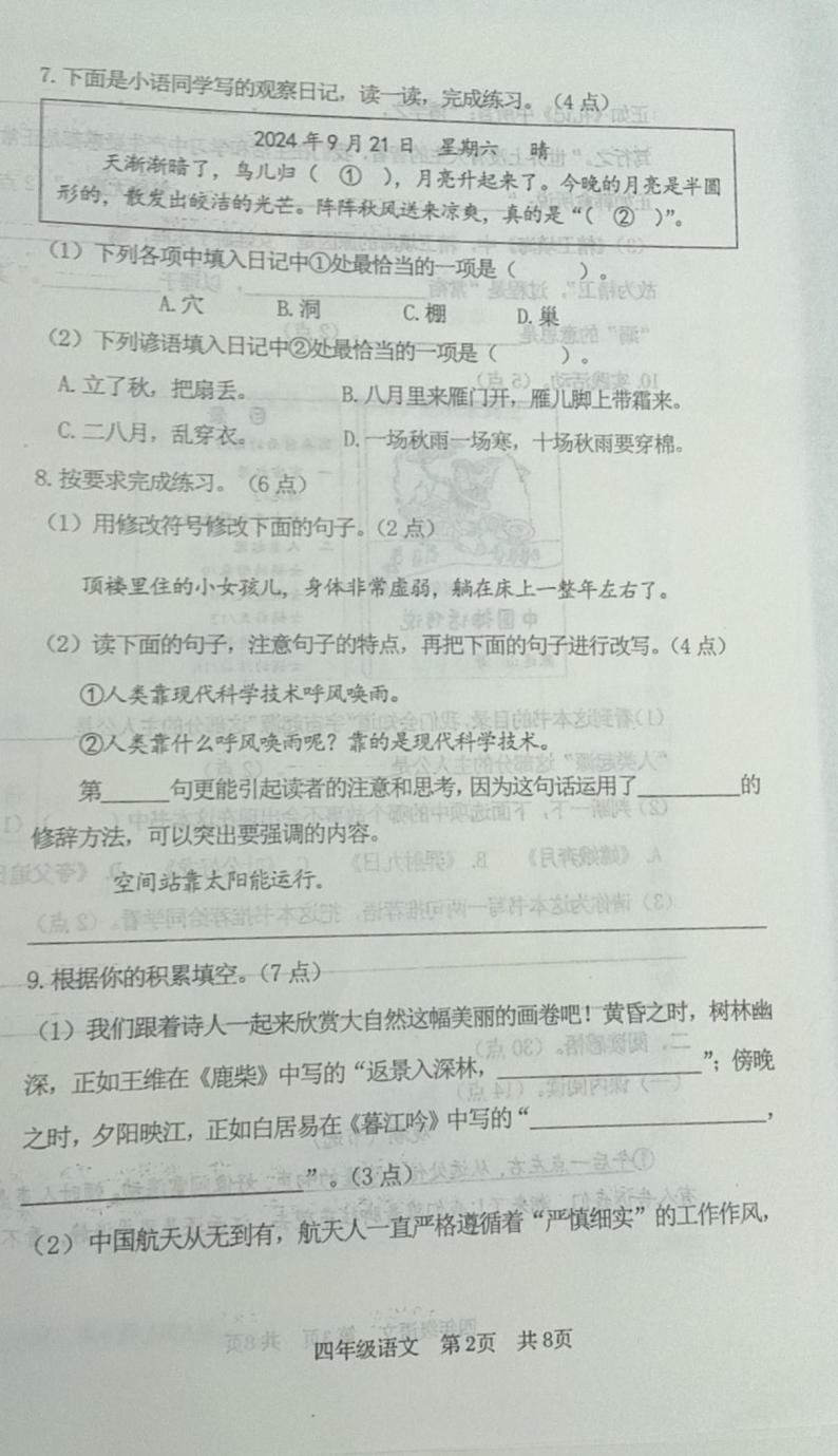 辽宁省鞍山市千山区2024-2025学年四年级上学期11月期中语文试题第2页