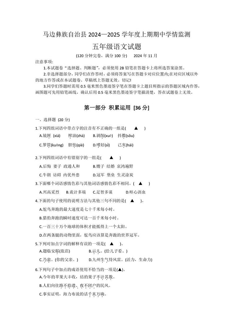 四川省乐山市马边彝族自治县2024～2025学年五年级(上)期中学情监测语文试卷(含答案)第1页