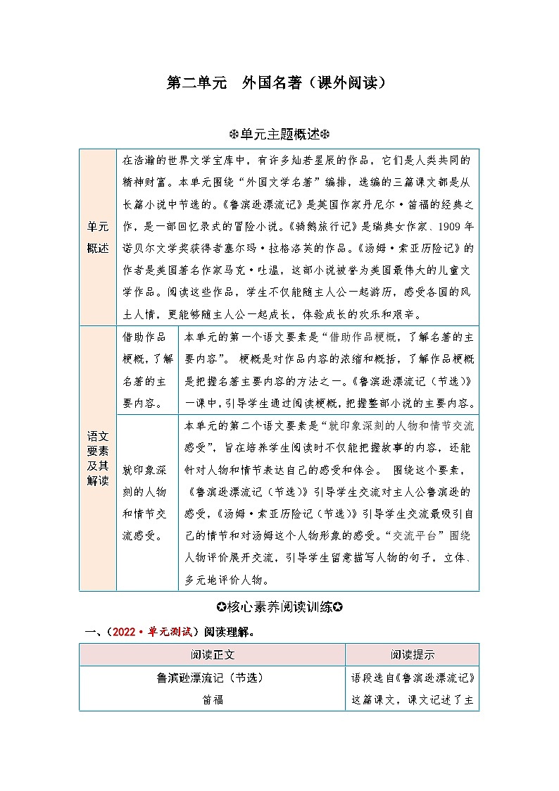 统编版小学语文六年级下册核心素养阅读练习第二单元 外国名著（课外阅读）（含答案）第1页