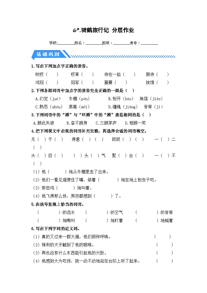统编版小学语文六年级下册分层作业课时练习第6课 骑鹅旅行记（节选）（含答案）第1页