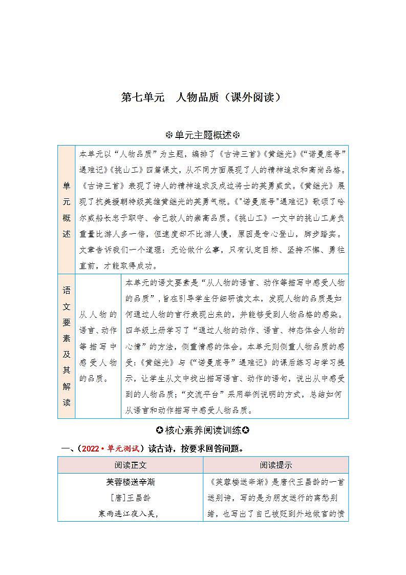 统编版小学语文四年级下册单元核心素养阅读练习第七单元 人物品质（课外阅读）（含答案）第1页