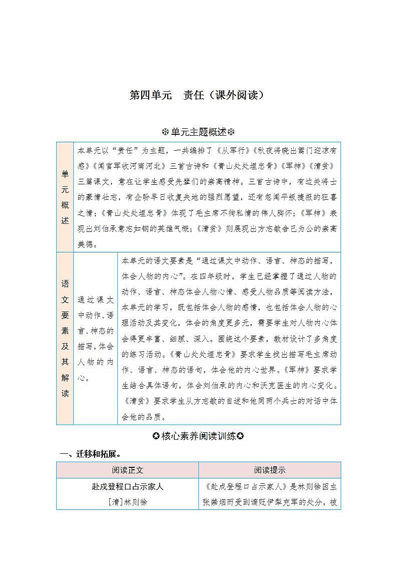 统编版小学语文五年级下册单元核心素养阅读练习第四单元 责任（课外阅读）（含答案）第1页